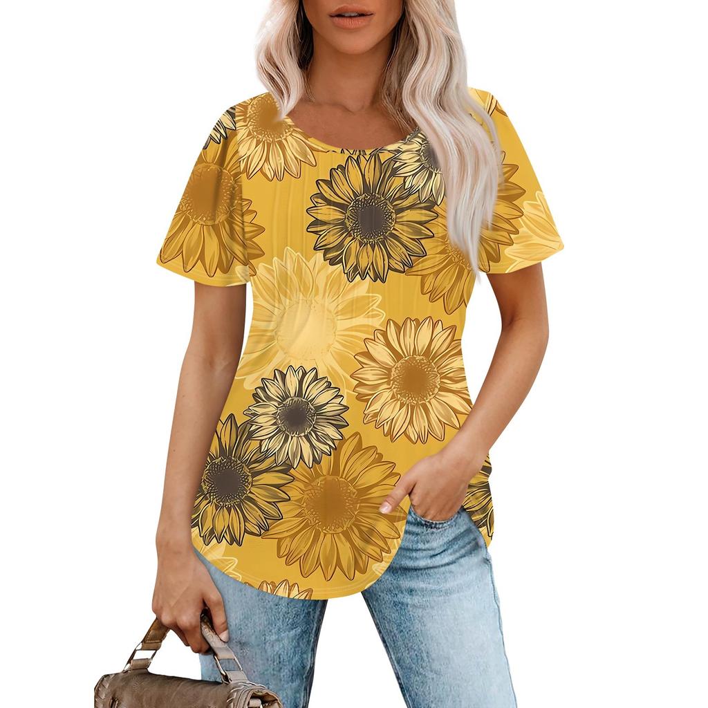 Women's Summer Fashion Casual Pleated Round Neck Print Short Sleeve T-Shirt Top