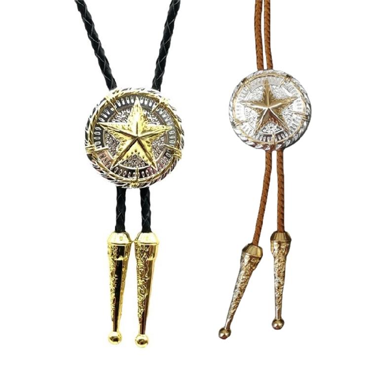 Men and Women Fashion Accessory Leather Cord Bolo Tie with Distinctive Metal Star Badge Pendant Western Necktie Necklace