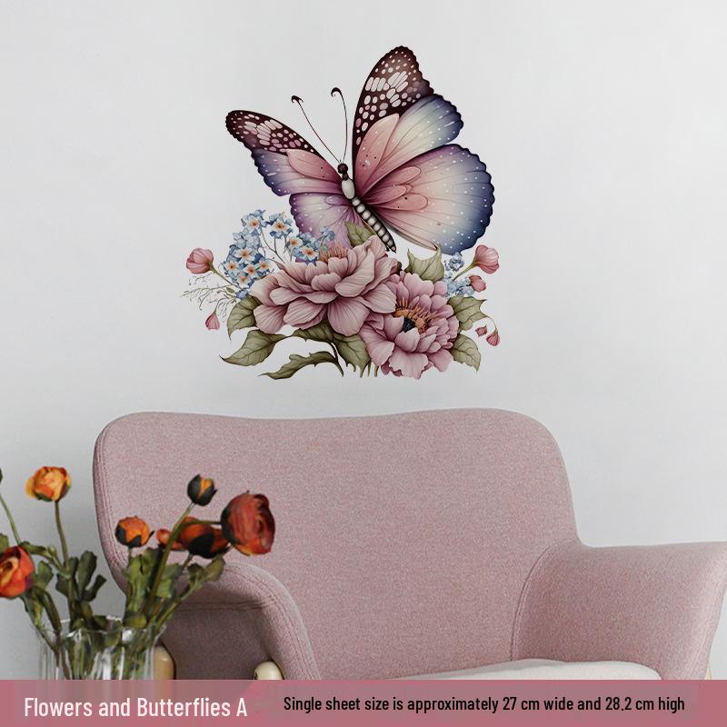 Self-Adhesive Flower Butterfly Wall Stickers for Girls' Bedroom or Children's Bathroom Decoration