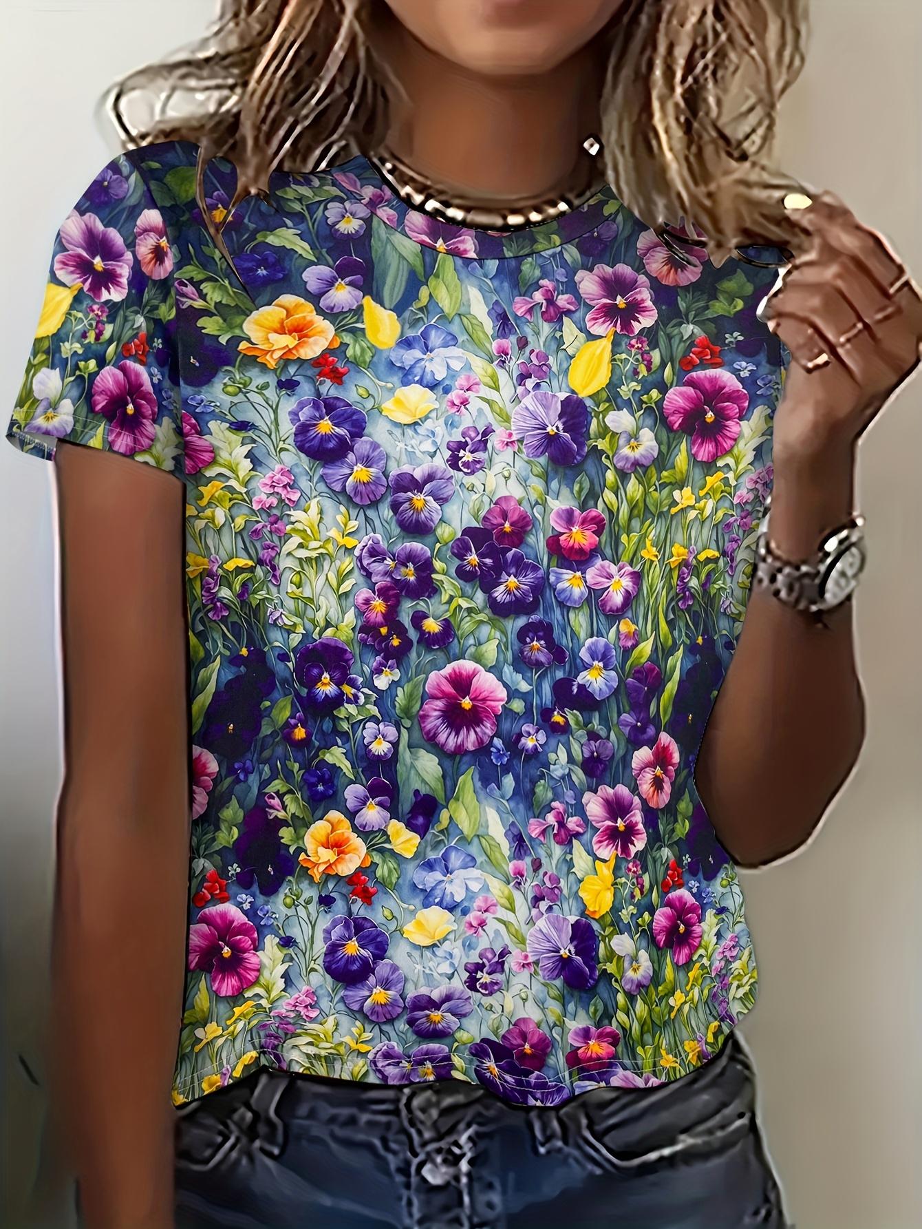 Women s fashionable T-shirt with floral pattern and paint effect. Fashionable short-sleeved round-neck short-sleeved T-shirt top. XL