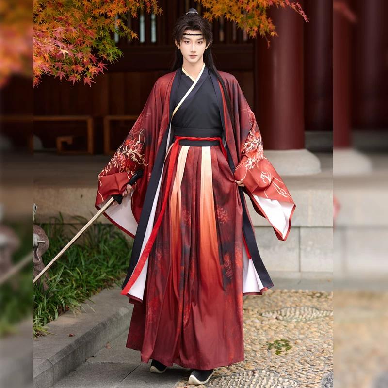 Herren Hanfu-Set im Wei-Jin-Stil, Schwarz & Rot mit Spinnenlilien-Print, Schwertkämpfer-Kostüm für den täglichen Gebrauch & Cosplay