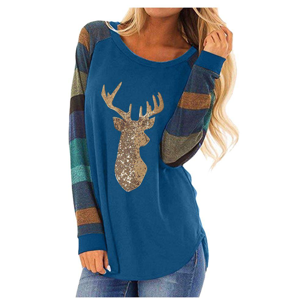 Festive Womens Christmas Tops With Sparkling Sequin Reindeer Long Sleeve Design