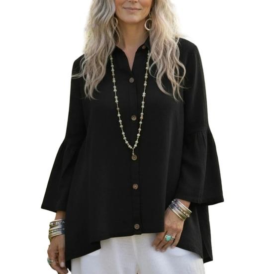

Women s Bell Sleeve Button Down T Shirt Collared Long Sleeve Top Fall Spring Casual Loose Chiffon Blouses XL чорний