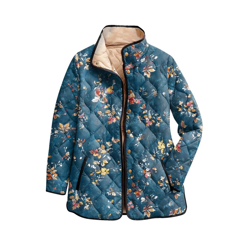 Women's Floral Print Stand Up Collar Pleated Cotton Long Sleeved Button Cotton Jacket