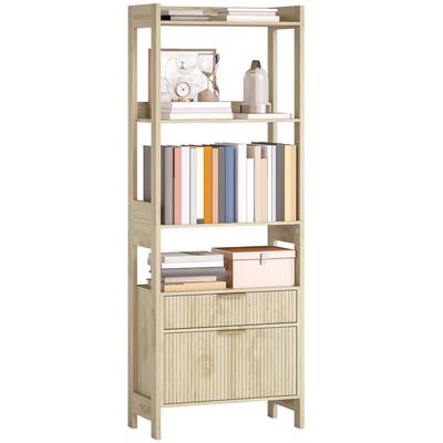 Tall Bookshelf, Storage Unit with 4 Open Shelves and 2 Fluted Drawers, 60 X 30 X 160 Cm, Natural Wood