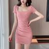 Summer Pink Pleated Square Neck Dress High-end Women's Small Sexy Style Slim-fitting Waist-wrapped Hip Miniskirt