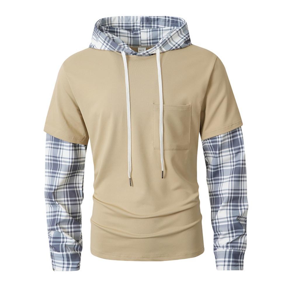 2026 Autumn New Fake Two Piece Men s Hoodie Korean Fashion Harajuku Casual Loose Men s Hoodie Pullover Sweatshirt Streetwear S хаки