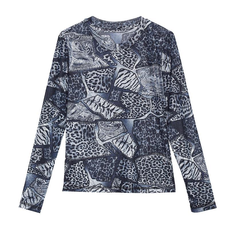 

Tuogu Trendy Retro Leopard Print Long Sleeve Women s Slim Fit T-shirt L синий