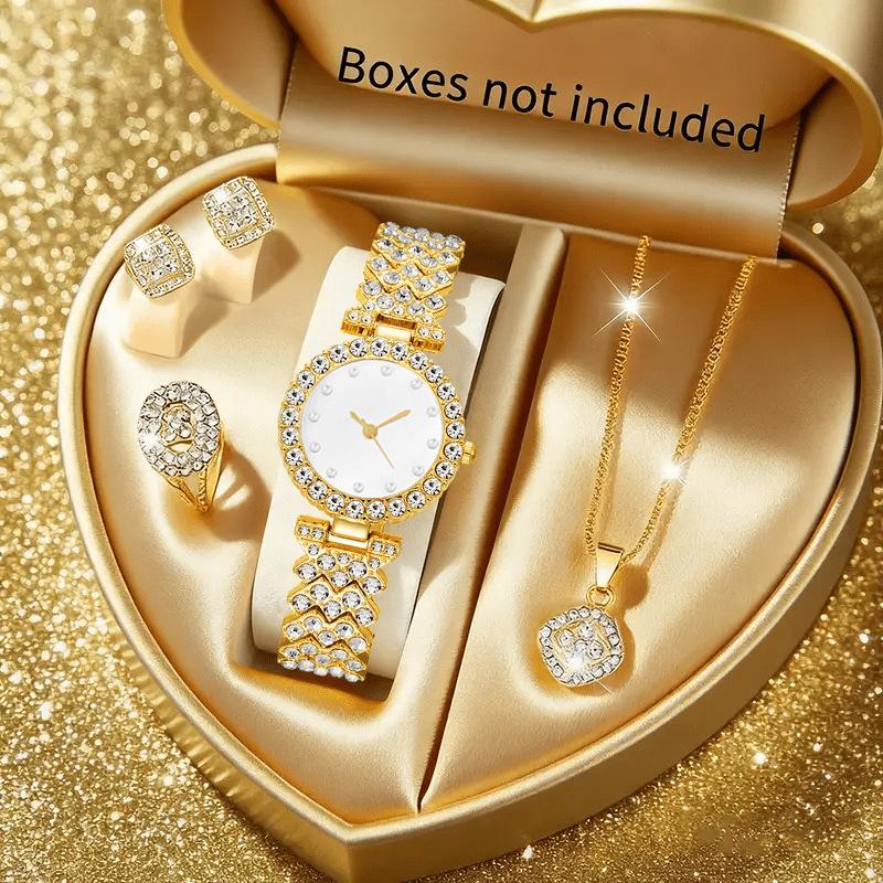 5Pcs Ladies Watch Set, Stylish Casual Ladies Quartz Watch And Necklace Ring Earrings Jewelry Set