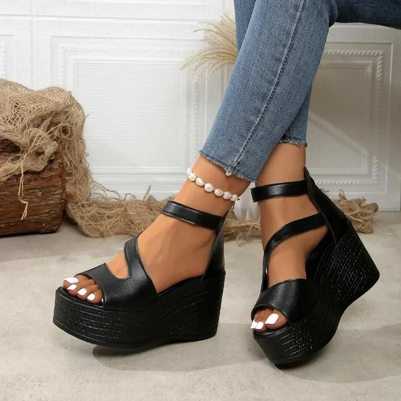Women's  Fashion Sandals Zipper Wedge Heel Heel Wrap 9cm Heel High Shoes Women Leisure Dress Concise Solid Sandalias De Mujer
