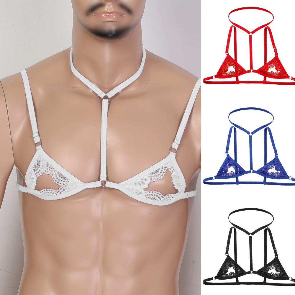 Lace Sexy Lingerie for Male Lace Half Cup Bra Underwired Open Nipple Push Up Cupless Exposed Breasts Underwired See