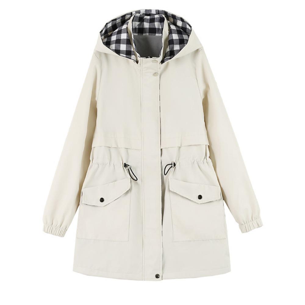 Women's Mid-Length Spring and Autumn Windbreaker – Waist-Designed Fashionable Hooded Plaid Jacket