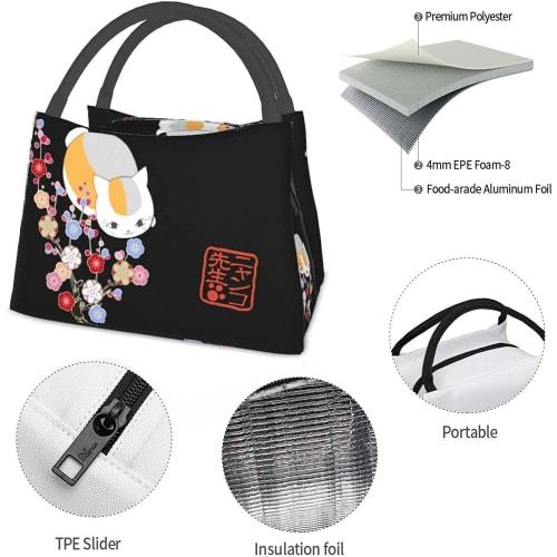Natsume's Book of Friends Nyanko-sensei Insulated Lunch Bag with Clasp Closure, Black, Bento Box, Insulated, Cooler Bag with Zipper, Compact, Lunch Ba