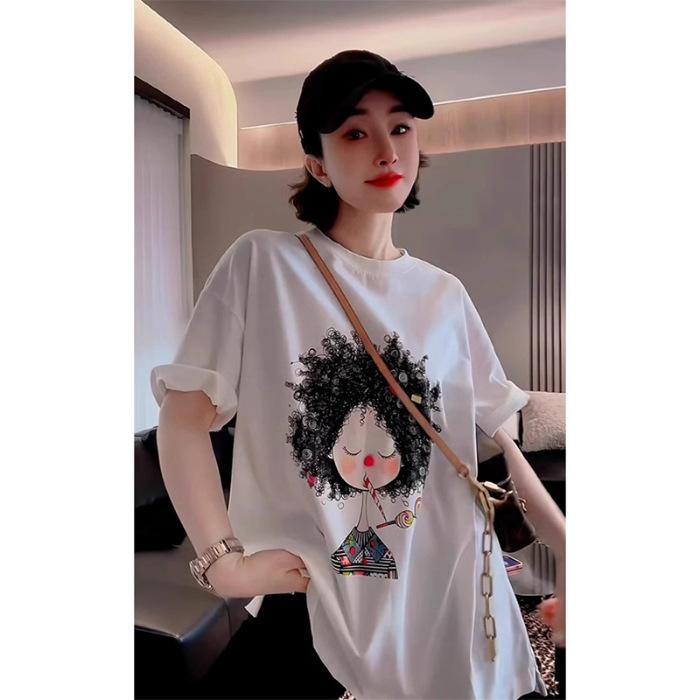 

Европейская летняя новинка 2025 года забавная футболка с принтом маленькой девочки, с круглым вырезом и короткими рукавами, женственная, свободный повседневный топ S