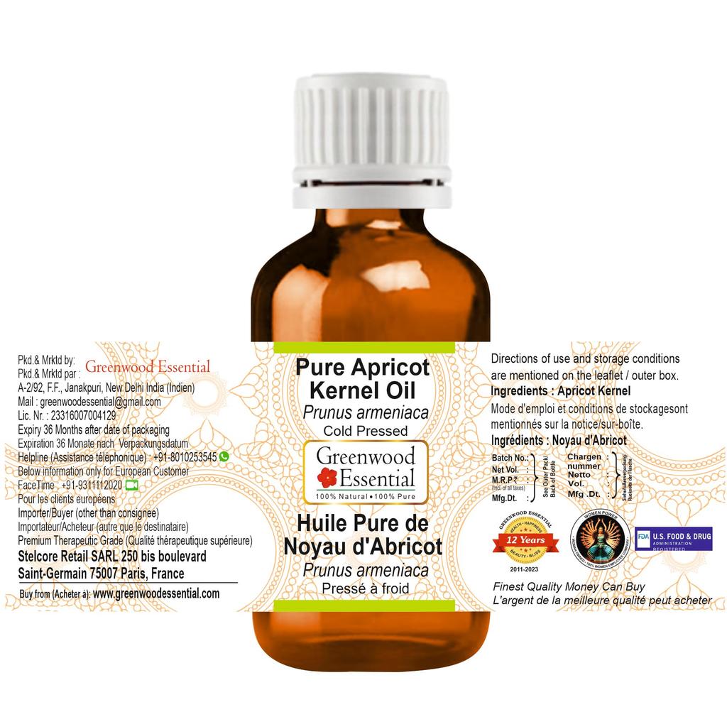 Greenwood Essential Pure Apricot Kernel Oil (Prunus armeniaca) | Cold Pressed | Natural | Undiluted | For Diluting Essential Oils | For Skin & Ma