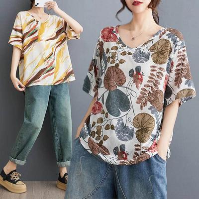 T-shirt for Women Summer Large Size Cotton T-shirt Soft Loose Printed Casual Comfortable Pullover T-shirt Top