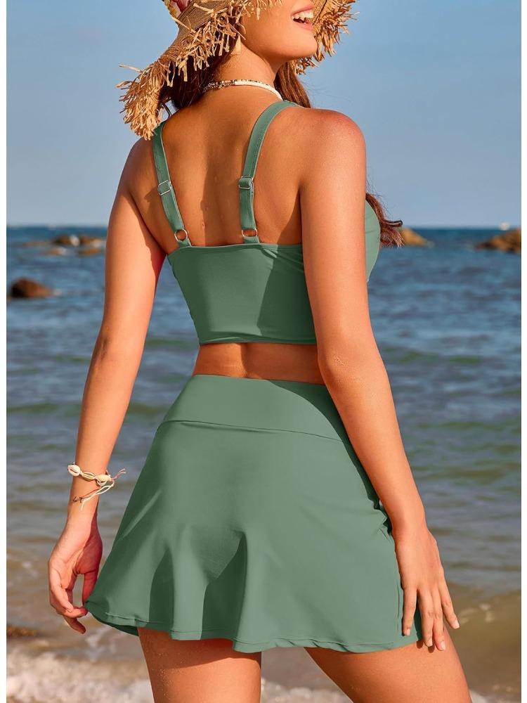 Solid Push Up High Waist Skort Sexy Two Piece Bikini Set Elegant Slimming