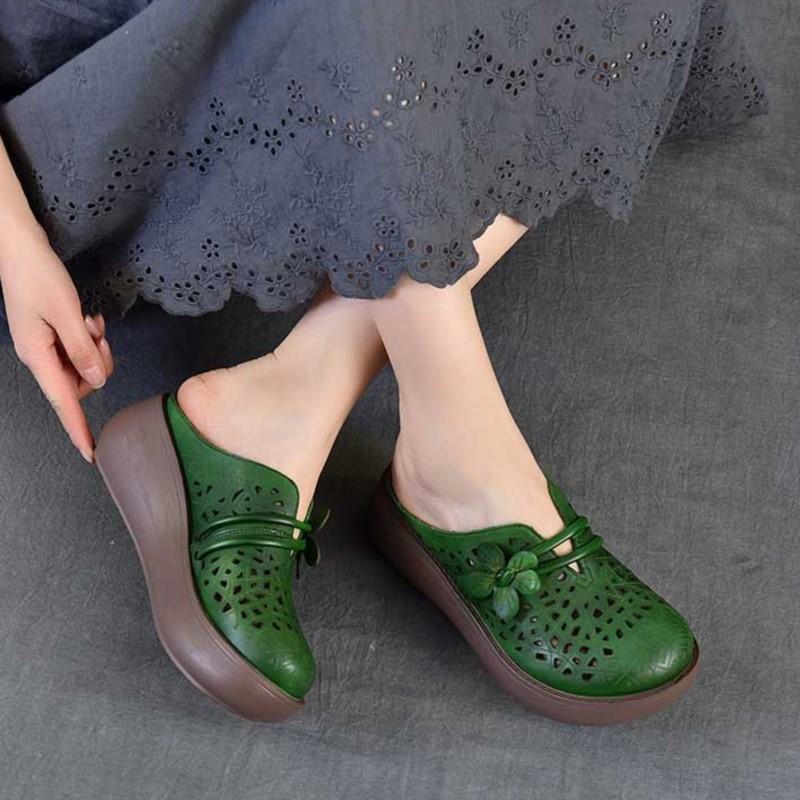Johnature Ethnic Style Flower Wedges Slippers Genuine Leather Hollow Retro Outdoor Women's Sandals