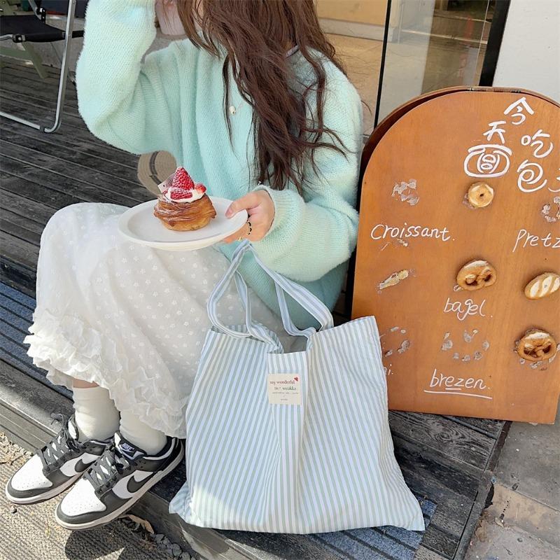 Striped Contrasting Colors, Small Fresh Canvas Bag, Largecapacity Class Commuter Bag, Highvalue Shoulder Tote Bag