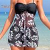 2Pcs/Set Women Summer Swimsuit Set Adjustable Straps Print Mesh Hem Bandeau Tops High Waist Swim Shorts Set