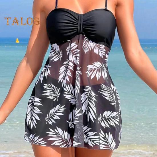 2Pcs/Set Women Summer Swimsuit Set Adjustable Straps Print Mesh Hem Bandeau Tops High Waist Swim Shorts Set