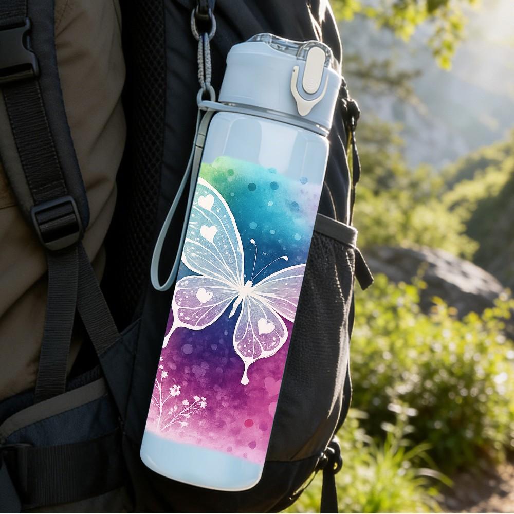 1PC Glitter Pastel Butterfly Magic Print 750ml Color Plastic Sports Water Bottle Leakproof Flip Straw Lid Suitable for Sports Office Home Use