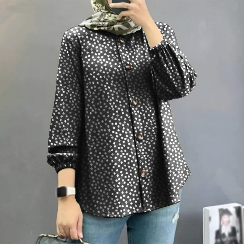 Plus Size Women's New Fashion Puffed Sleeve Floral Shirt