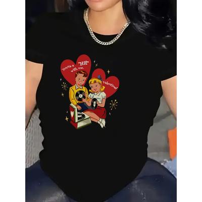Europäische Größe Damen Lässiges Kurzarm-T-Shirt Schwarz Retro Valentinstags-Grafikdruck Vintage Mikrofon Herzen Mittlere Dehnbarkeit Rundhalsausschnitt