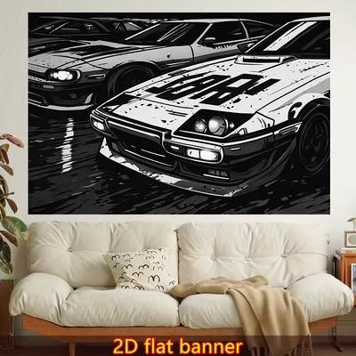 1pc Stylish 2D Flat Printed Wall Tapestry, Race Cars, Grayscale Illustration, Automotive Design. Colorful Aesthetics, Bedroom Aesthetics, Suitable for
