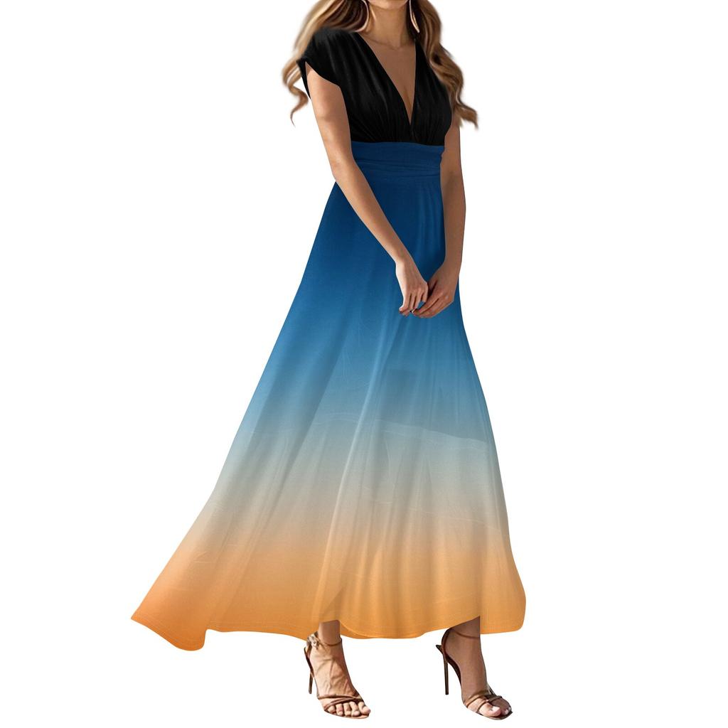 Damen Sommer Casual Mode Gradient Bedruckte Kleider V-Ausschnitt Kurzarmkleider