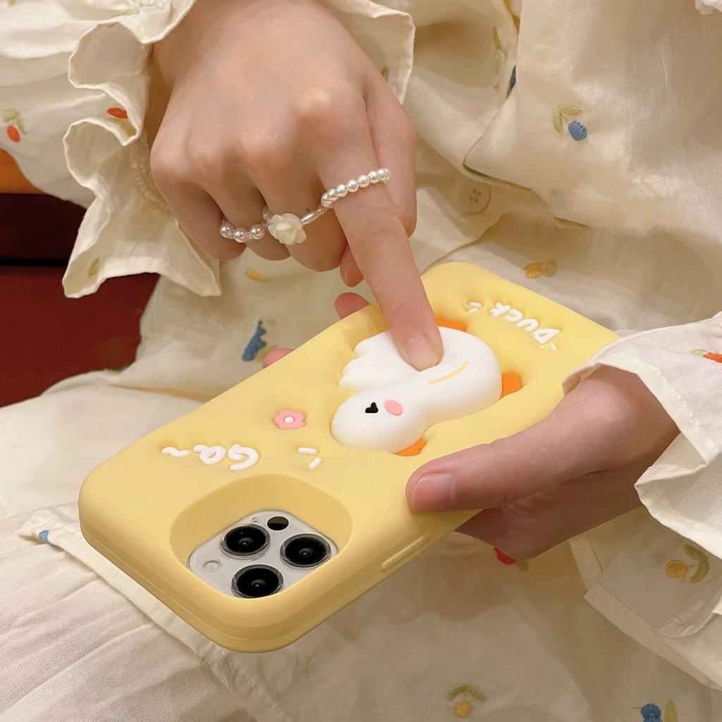 For iPhone 16 Pro Max Silicone Case Cute Expanding Duck Design Shockproof Phone Back Cover