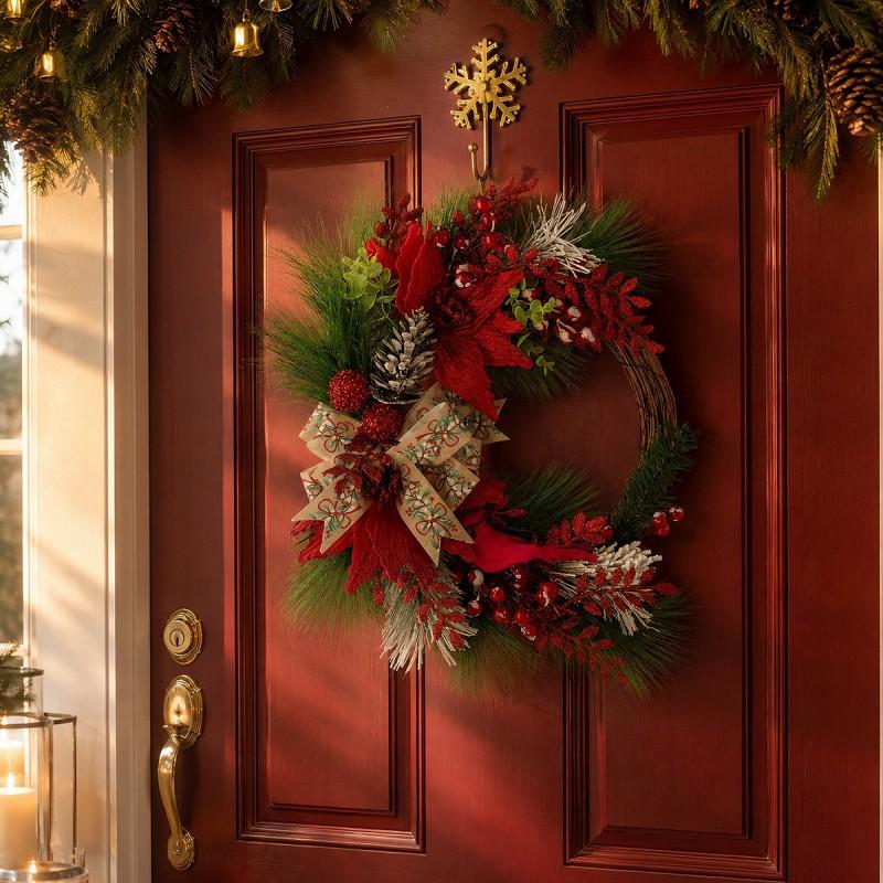 Christmas Artificial Pine Garland With Red Berries Cardinal Bird Wall Hanging Decor Holiday Home Interior