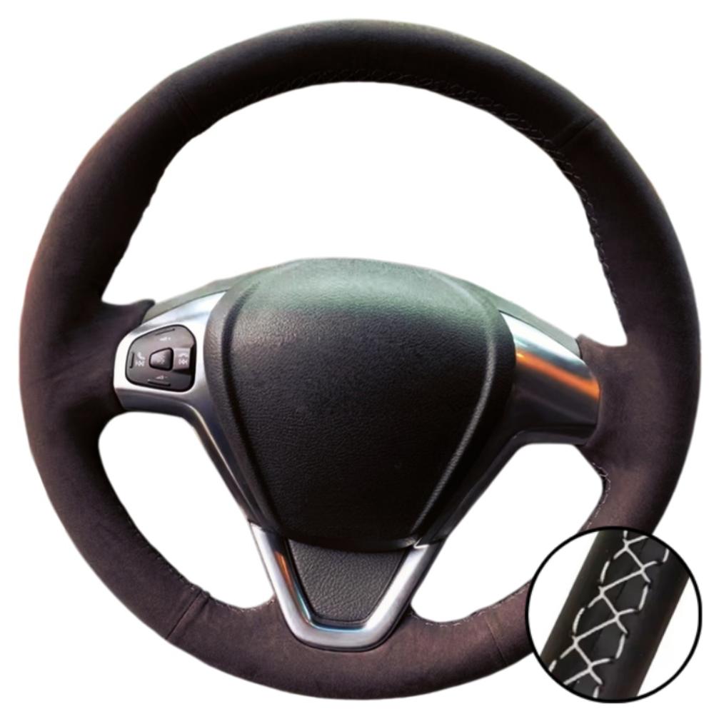 Car Interior Hand Stitched Black Breathable Soft Suede Leather 2008-2017 Steering Wheel Cover For Ford EcoSport Fiesta
