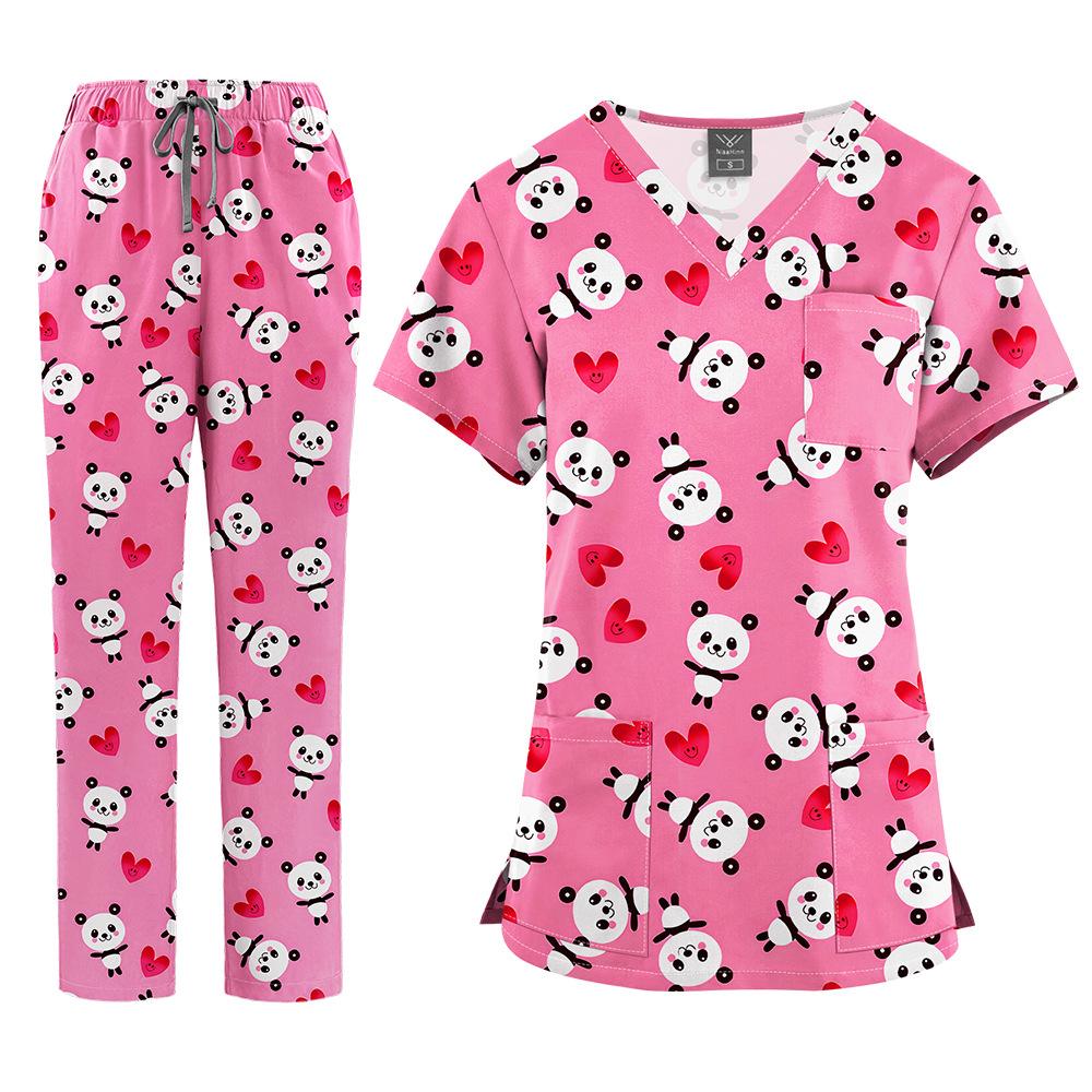 Flerfärgade Joggingdräkter Läkare Sjuksköterskeuniformer Kortärmade V-ringade Toppar Fickbyxor Sjuksköterskeskrubbar Set Medicinska Kliniska Kläder