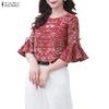 ZANZEA Women Casual Round Neck Flare 3/4 Sleeve Loose Print Blouse