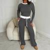 Women's Autumn Gray Striped Two Piece Set Long Sleeve Crop Top Wide Leg Pants