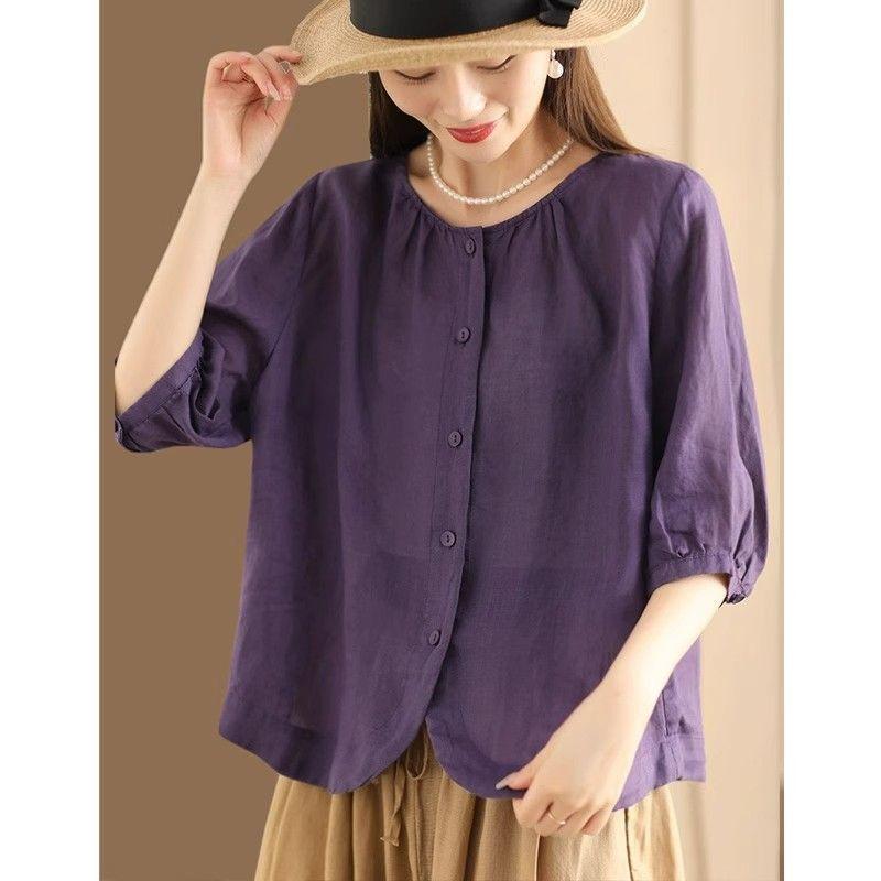 Cotton and Linen Solid Color Simple Crew Neck Shirt Loose Women's Clothing Summer New Loose Versatile Temperament Cardigan Top