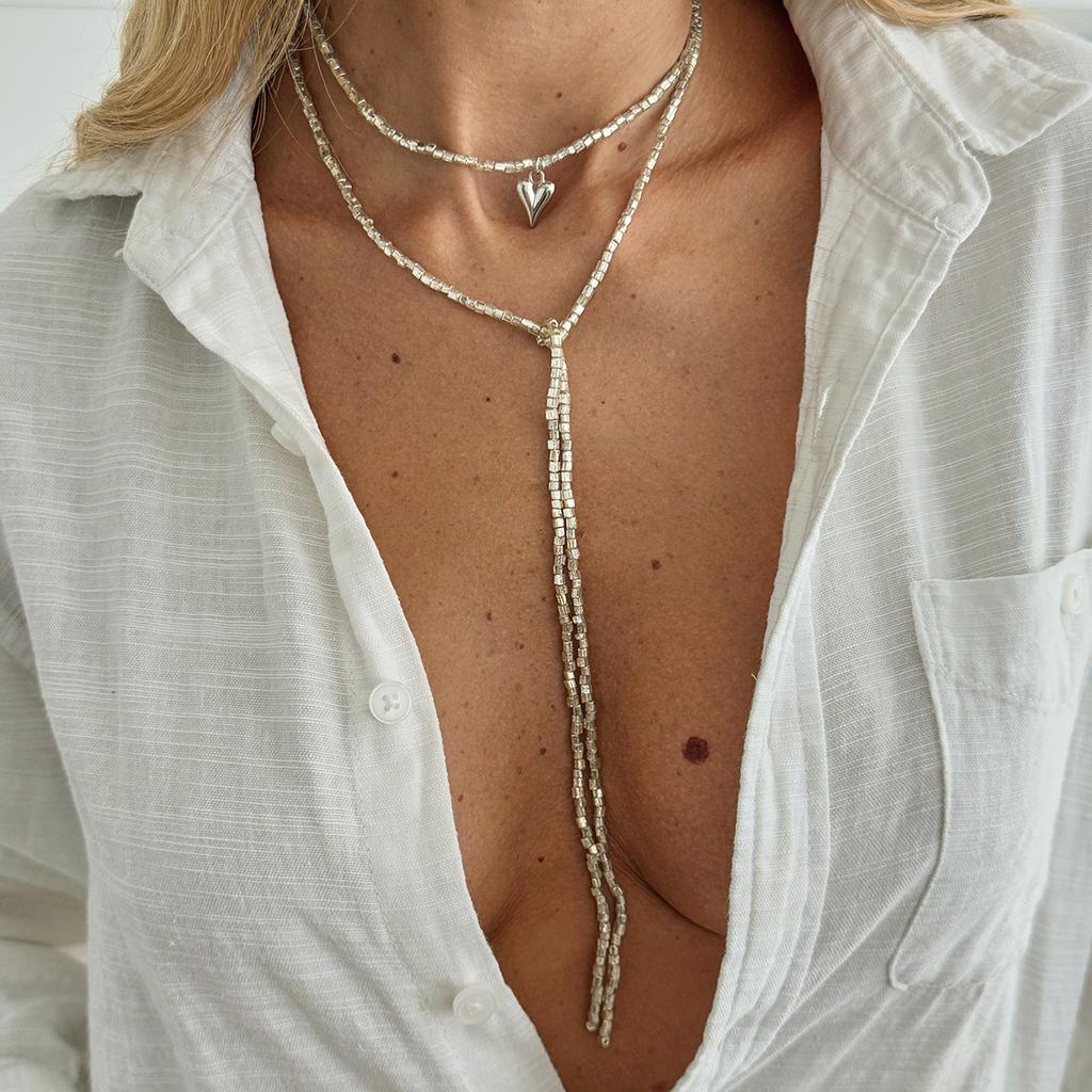 Design Sense Ccb Broken Silver Beaded Long Necklace, Fashionable Love Special-Shaped Pendant, Fringed Winding Neck Chain