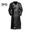 Men Jacket Lapel Long Sleeve Double Breasted Faux Leather Jacket with Pockets Solid Color Mid-length Outerwear