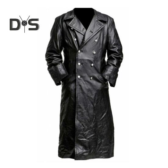 Men Jacket Lapel Long Sleeve Double Breasted Faux Leather Jacket with Pockets Solid Color Mid-length Outerwear