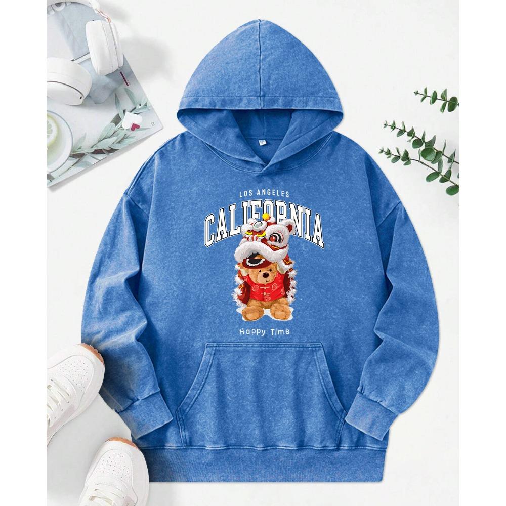 The Lion Dancing Bear Cute Print Women Washed Hoody Pocket Hoodie Soft Oversize Streetwear Comics Multicolor  Clothes