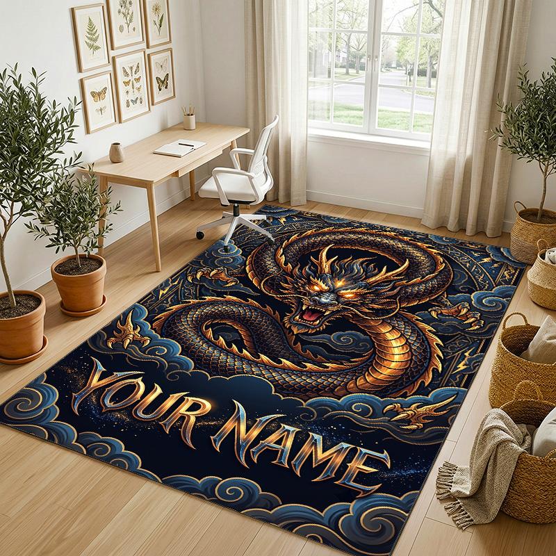 Dragon Phoenix Theme Crystal Velvet Rug Personalized Custom Name Text Soft Floor Mat Home Decor