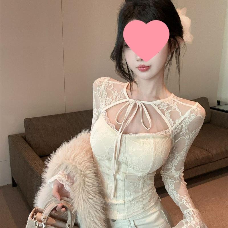 Women's Black Lace Square Neck Long Sleeve Top, Autumn Base Layer, Yù Jiě Style - Sophisticated, Elegant, Tight, Short.
