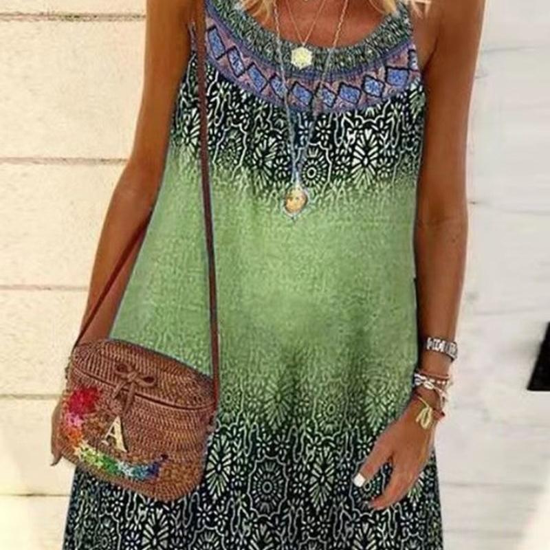 Ladies Fashion Summer Boho Loose Casual Print Ethnic Slip Dress