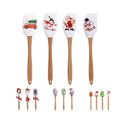 Spatule en silicone pour crème à gâteau, manche en bois, thème de Noël, pour pâte à pâtisserie, grattoir, outils de décoration, ustensiles de cuisine