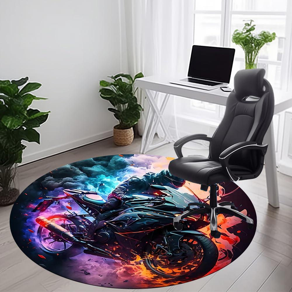 1pc Motorcycle Flames Office Round Area Rug, Indoor Mat Suitable ForOffice, Under Office Chairs Bedroom Living Room Home Decor, Room Deco T118