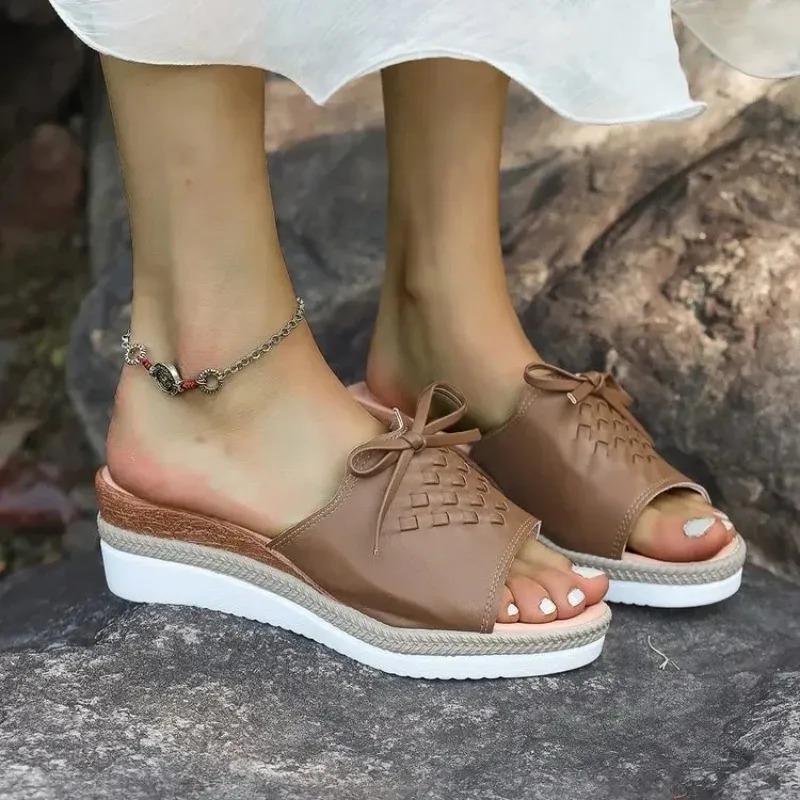 Fashion Pu Leather Women's Wedge Sandals Summer 2025 Bowknot Open Toe Plus Size Rome Sandals Woman Comfortable Lightweight Beach Sandles