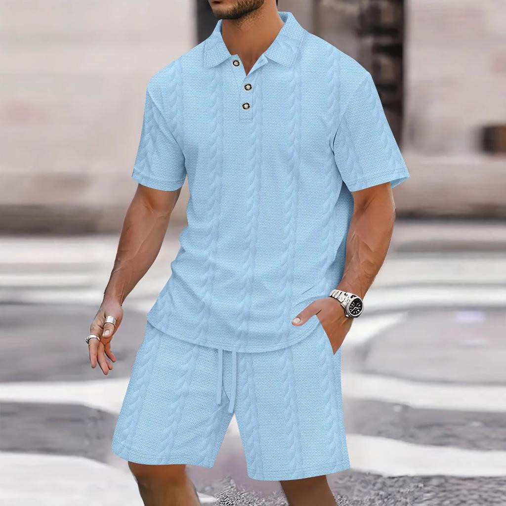 Summer Men's New Jacquard Button Solid Color Lapel Short-sleeved T-shirt Shorts Casual Suit