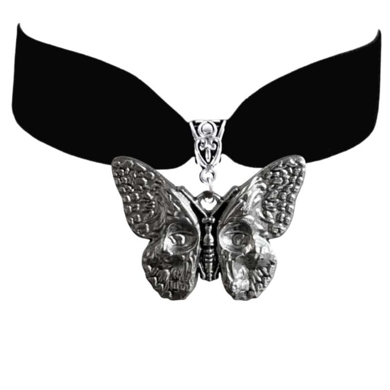 Gothic Dark Romantic Oxidized Silver Skull Butterfly Pendant Adjustable Black Deep Red Velvet Chokers Necklace for Woman Jewelry