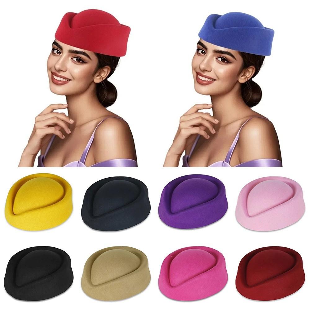 Formal Stewardess Hat Solid Felt Beret Fashion Flight Attendant Hat  Women Headwear